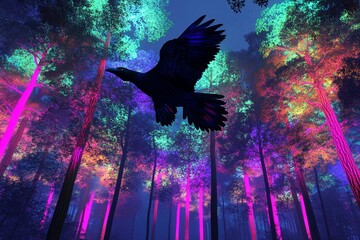 Obraz premium Giant bird soars above vibrant forest filled with colorful trees and magical atmosphere in daytime