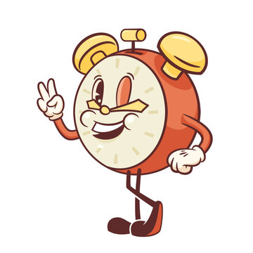 Groovy Back to School Retro Wake-up Call Character. Cartoon Alarm Clock Smiling showing Victory Gesture. Vector Education Mascot Template. Happy Vintage Cool Learning Personage Illustration Isolated