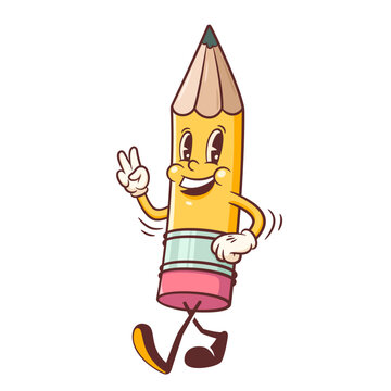 Groovy Back to School Retro Character. Cartoon Pencil Dancing and Smiling. Funny Vector Doodle Education Mascot Template. Happy Vintage Cool Childish Learning Personage Illustration. Isolated