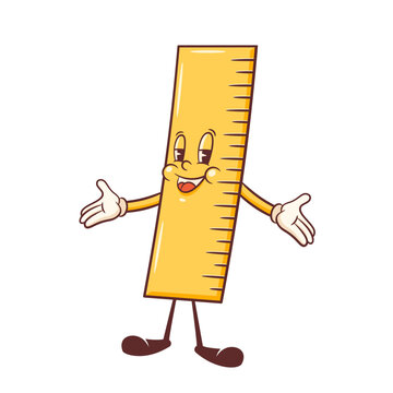 Groovy Back to School Retro Ruler Character. Cartoon Stationery Smiling showing Welcome Gesture. Vector Education Measure Mascot Template. Happy Vintage Cool Learning Personage Illustration Isolated