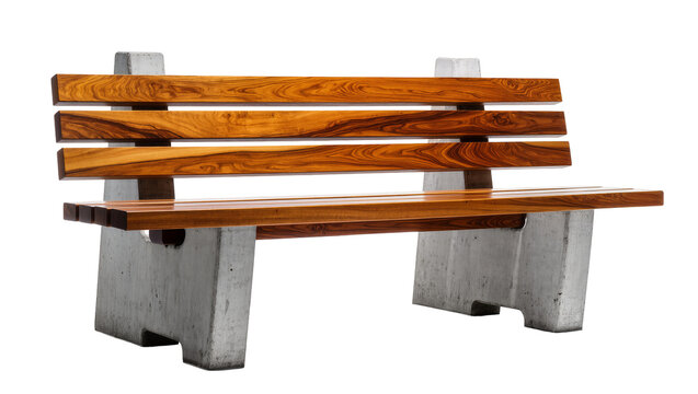 Isolated contemporary outdoor park bench featuring sturdy concrete base and natural wood slats