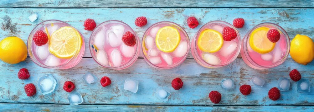Row of five glasses with pink raspberry lemonade garnished with lemon slices, raspberries and ice, scattered berries and whole lemons on a weathered blue wooden table, refreshing summer scene