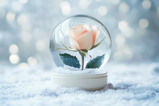 Frozen rose encased in delicate snow globe on a snowy background