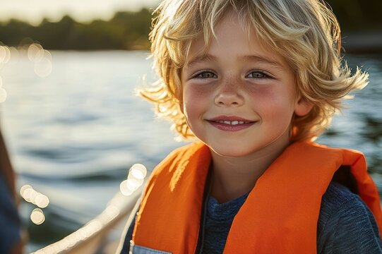 blond child wearing an orange life jacket on a boat at golden hour over a calm lake, backlit and relaxed enjoying a peaceful summer outing