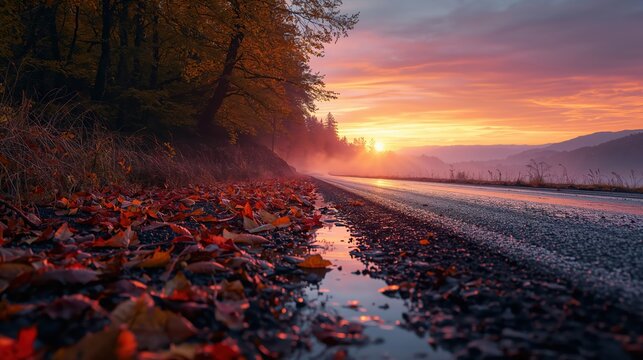 Wet road with fallen autumn leaves at colorful sunset. Scenic highway passing through woods during fall season. Concept of travel, nature transition, solitude and peaceful journey.