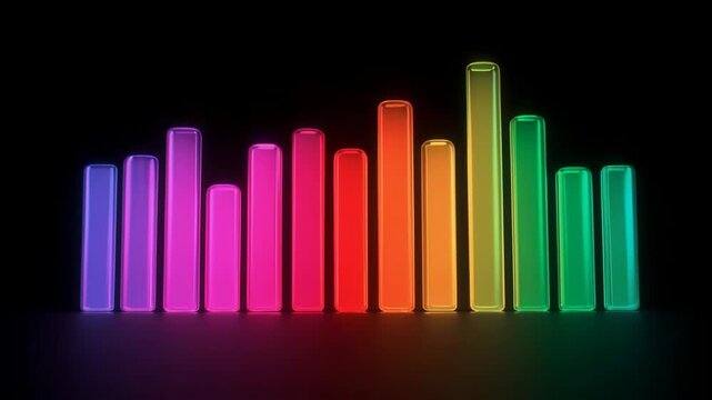 Neon equalizer bars pulsing with vibrant rainbow light against black background abstract motion graphics