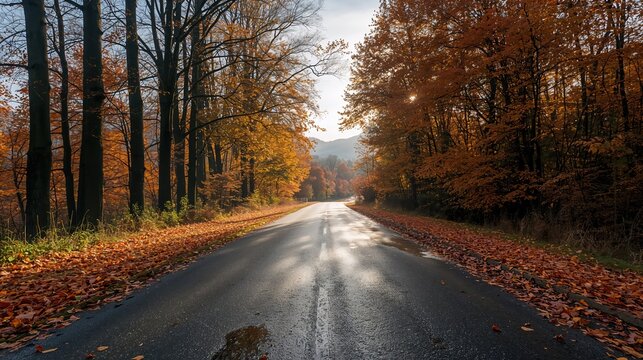 Asphalt road going through an autumn forest. Scenic landscape with golden trees and fallen leaves on the roadside. Nature travel background for adventure, journey and seasonal trip.