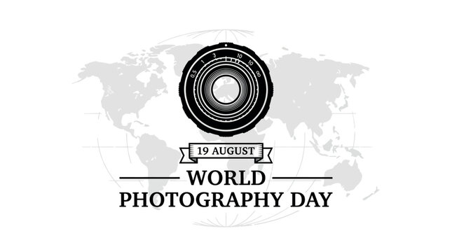 World Photography Day 19 August banner with camera lens and world map, professional photography event celebration poster, minimalist black and white vector illustration for social media