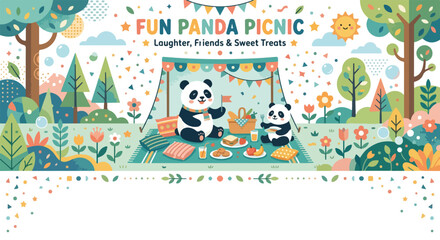 Naklejka premium A whimsical vector illustration of a fun panda picnic in a vibrant forest, featuring colorful treats, flowers, and a happy sunny day backdrop.