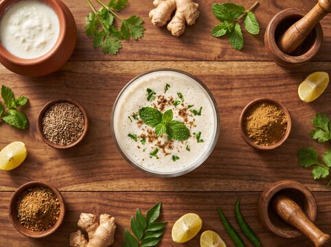 Top View Flat Lay of Traditional Indian Masala Chaas (Buttermilk) with Fresh Ingredients on Rustic Wooden Table