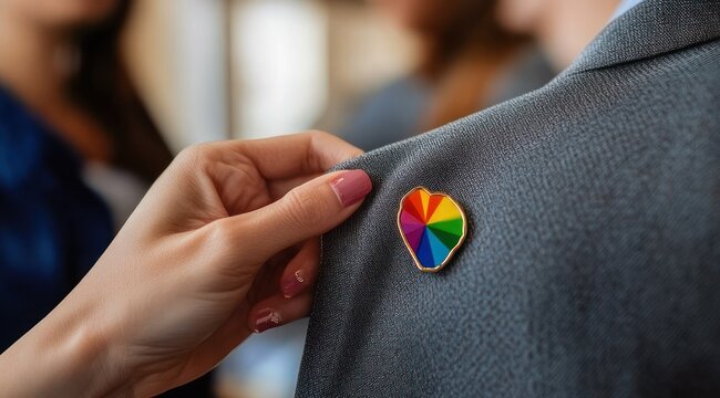 Hand with pink nails pinning a colorful rainbow heart lapel pin onto a gray suit jacket with blurred people in the background, a supportive intimate gesture conveying inclusion and solidarity
