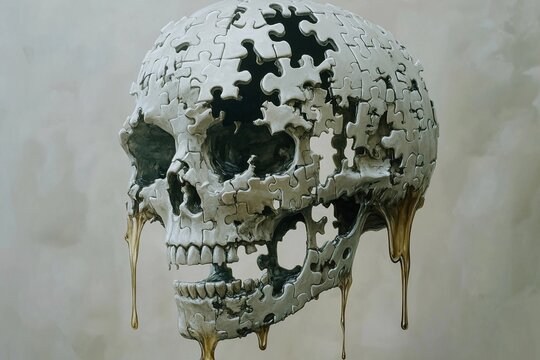 Melting puzzle skull with dripping pieces resembling flowing water