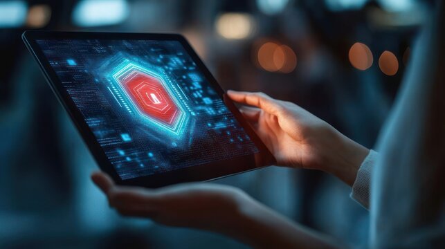 Hands holding a tablet showing a glowing holographic red hexagon security alert over a blue digital circuit interface, urgent futuristic cybersecurity scene with tense atmosphere