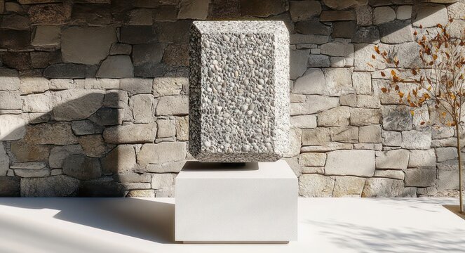 exposed aggregate concrete cube sculpture on white pedestal in sunlit stone-walled courtyard with small leafy tree and soft shadow play, serene contemplative mood