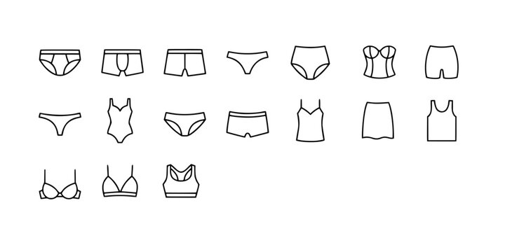 Icon set collection of underwear lingerie intimate apparel panties bras briefs boxers shaping garments outline icons vector