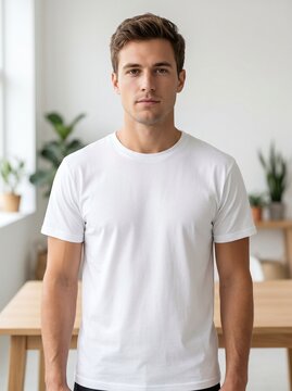 Serious young White man standing in bright living room indoors wearing plain white t-shirt looking at camera conceptualizing casual male fashion mockup