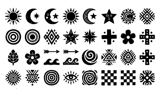 Collection of black and white tribal and celestial design elements
