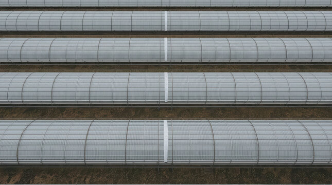 Aerial view of geometric greenhouse rooftop rows with minimalist neutral tones and calm mood
