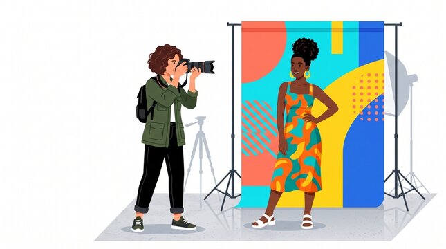 Photographer taking photos of a model. Professional studio photoshoot with colorful backdrop.