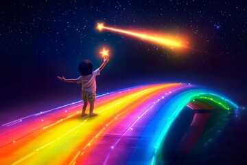 Naklejka premium Child reaches for a glowing shooting star over a vibrant rainbow pathway under a starry night sky