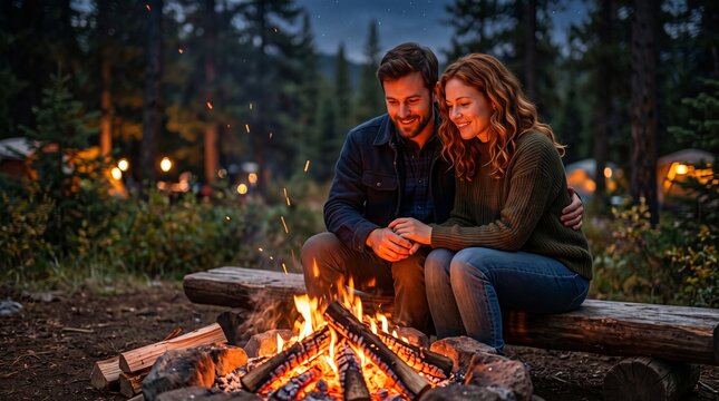 Man and woman sitting together by campfire in forest at night. Romantic couple camping in nature. Outdoor leisure activity, cozy evening warmth and connection in wilderness at campsite