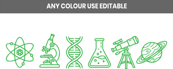 Set of scientific research icons including atom microscope DNA flask telescope and saturn planet outline symbols © MDIMRAN