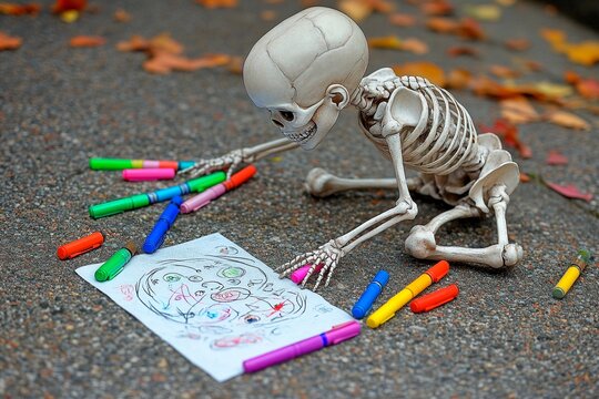 Child skeleton creates colorful doodles with vibrant markers on autumn day