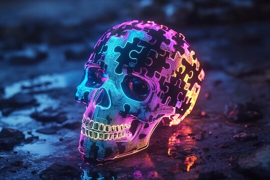 Neon puzzle skull glowing in a futuristic cyberpunk environment at night