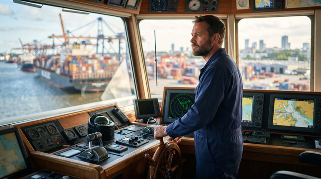 Sea captain steering ship in navigation bridge. Man controlling vessel and observing port terminal with cargo container and crane. Maritime transportation and logistics trade operation