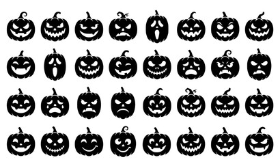 Halloween scary pumpkin silhouette vector set with spooky jack o lantern devil face icons isolated on white background