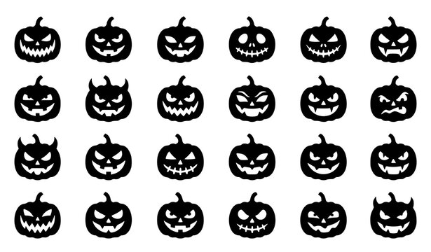Spooky Halloween pumpkin face icon collection with creepy carved devil jack o lantern silhouette vectors isolated on white background
