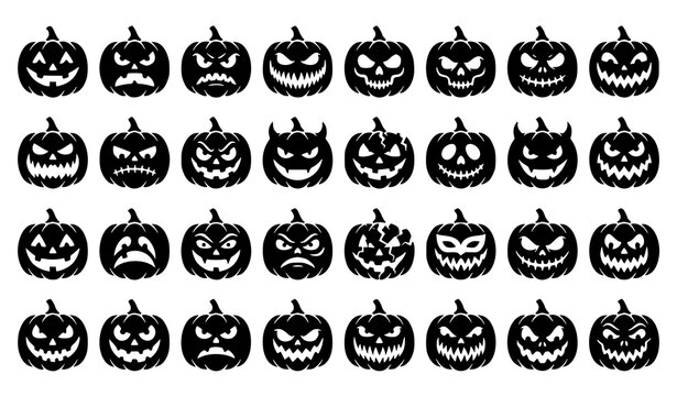 Premium Halloween scary pumpkin silhouette vector pack featuring creepy carved jack o lantern and devil mask designs isolated on white background
