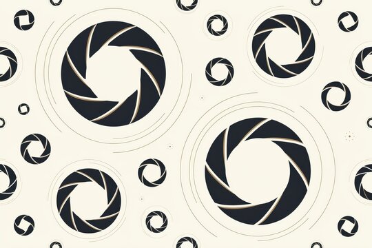Seamless pattern of black camera aperture shutter of varying sizes with thin circular line accents on a light cream colored background
