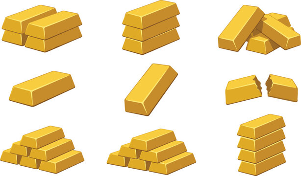 Shiny Gold Bars and Precious Bullion Ingot Vector Icon Set Featuring Stacks, Piles, Single Ingots, and Broken Bar for Finance, Wealth, and Banking Concepts