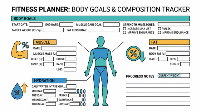 Fitness planner and body composition tracker. Flat design male silhouette muscle and fat log. Colored health and wellness vector template