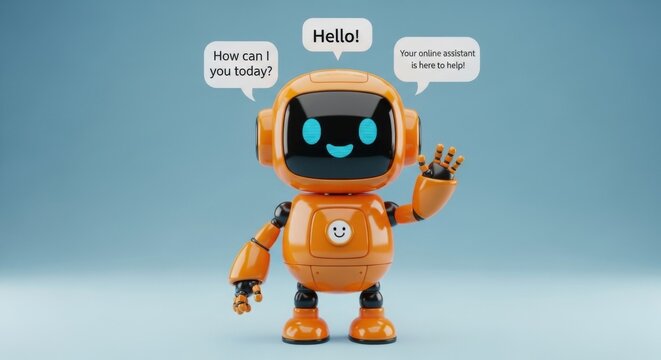 Friendly orange robot with speech bubbles