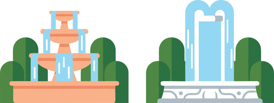 Outdoor Garden Water Fountain Vector Icon Set Featuring Classic Tiered and Modern Jet Stream Architectural Fountains for Park and Landscaping Designs