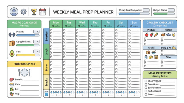Weekly meal prep planner page template. Nutrition tracker with macro goals and grocery checklist. Modern flat design vector illustration