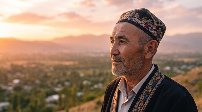 Senior Asian man wearing traditional embroidered skullcap standing against mountain landscape at sunset. Portrait of elder Central Asian person reflecting on culture and heritage