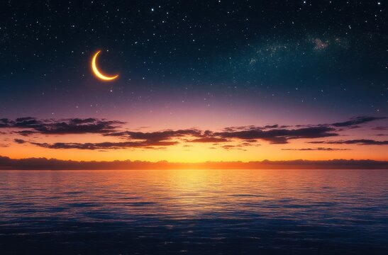 Serene twilight seascape with a glowing crescent moon, starry milky way above scattered clouds and a sunlit horizon reflecting on calm ocean waters