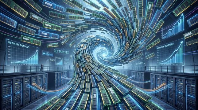 Data center infrastructure with swirling RAM modules and digital analytics screens. Concept of high-speed computing and zettabyte scale memory demand in modern server room.