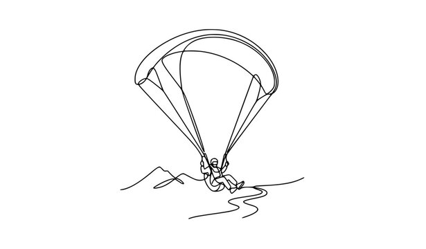 Brave man paragliding continuous one line vector illustration for adventure sport branding