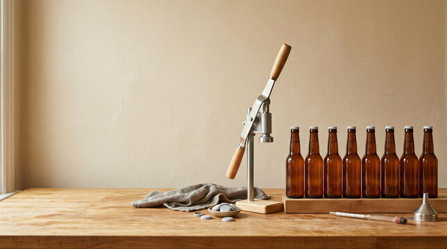 Manual bottle capper with brown glass beer bottles on wooden table. Process of bottling homemade craft beer. Equipment for brewing hobby at home. Beverage production background.