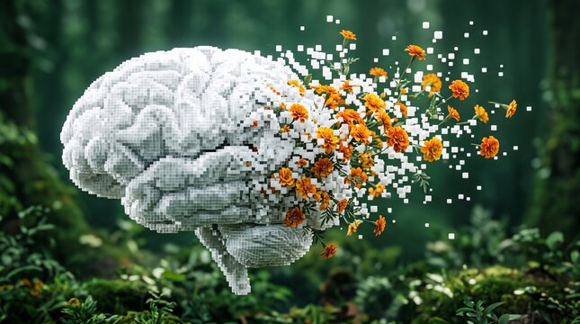 Human brain dissolving into orange flowers and white pixels in a forest conceptualizing mental health recovery and neurology growth