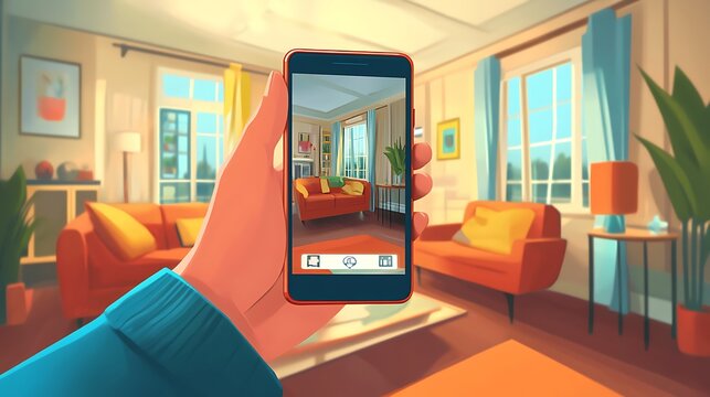 Hand holding phone, augmented reality view of living room.