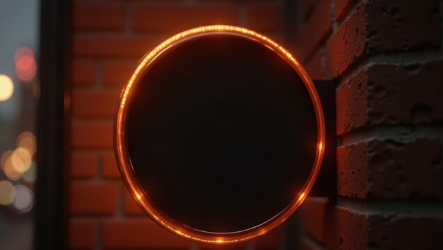 Glowing round signage attached to a brick wall. Blank circular shop sign with warm led light border. Empty mock up display for store branding or company logo in city street setting.