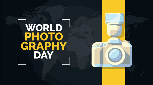 World Photography Day vector banner with camera icon and world map background. Professional photography event poster with digital camera illustration. Global photo day creative design.