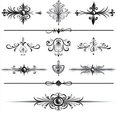 ornate black ornamental flourishes and horizontal dividers with filigree medallions, symmetrical swirls, scrollwork and heart motif on white background, elegant vintage decorative accents