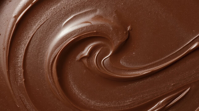 Smooth chocolate swirl texture close up with glossy creamy surface and warm tone