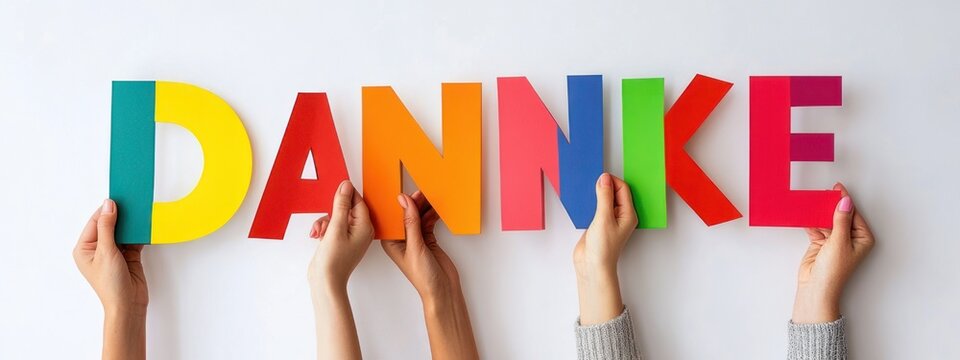 Several hands holding colorful paper letters spelling danke on a white background, conveying cheerful gratitude and appreciation